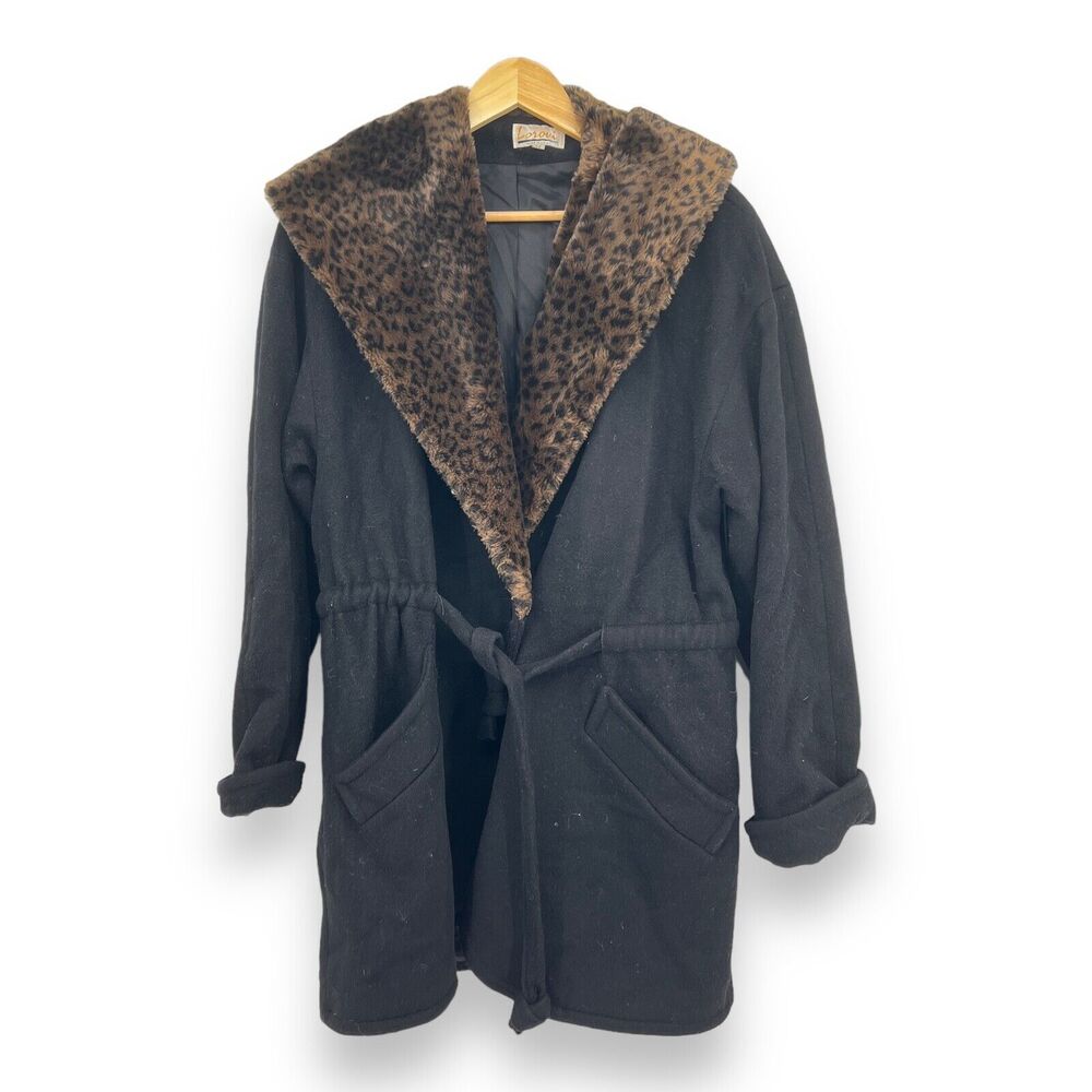 Lorovi Black Wool Belted Hooded Coat with Soft Leopard Print Lining Women's M